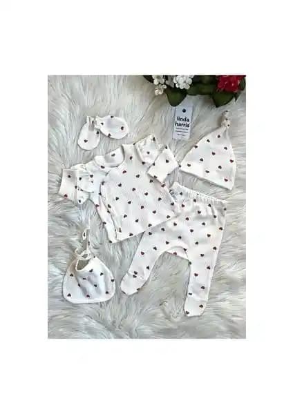 Linda Harris Heart Pattern Ekru Yenidoğan Kız Bebek Hastane Çıkışı Seti: Şık ve Konforlu Bebek Giyim Ürünü