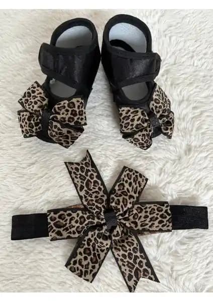 Masal Baby Kids Kız Bebek Leoparlı Bandanalı Siyah Patik Şık ve Konforlu Bebek Ayakkabısı