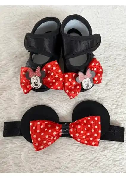 Masal Baby Kids Minnie Mouse Temalı Kız Bebek Patikleri ve Saç Bandı Seti