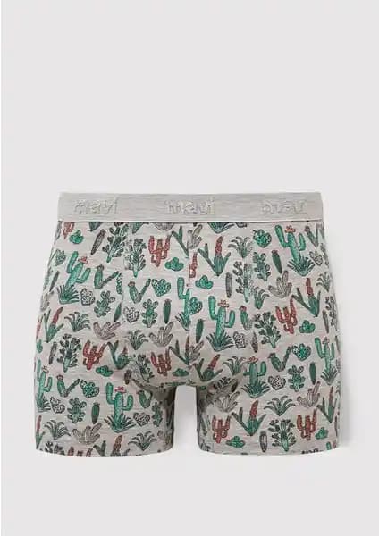 Mavi Kaktüs Baskılı Gri Boxer Erkekler İçin Modern ve Konforlu Tasarım