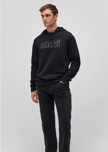 Mavi Mavi Logo Baskılı Siyah Kapüşonlu Sweatshirt Erkekler İçin Modern ve Şık Tasarım