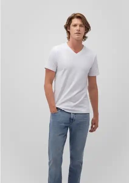 Mavi Stretch V Yaka Beyaz Basic Tişört Erkekler İçin Rahat ve Şık Günlük Giyim Seçeneği