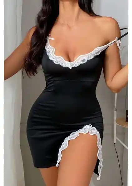 Merry See Bacak Yırtmaçlı Dantel İşlemeli Gecelik Babydoll Kadın İç Giyim