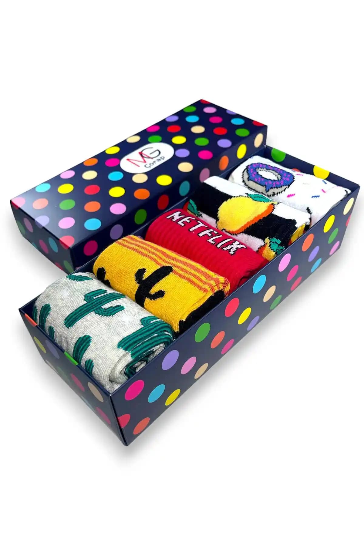 MG Çorap Kaktüs Desenli Renkli Tasarım Çorap Seti 5'li Hediye Kutusu ile Günlük Şıklık