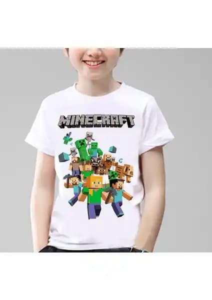 Minecraft Temalı Çocuk Tişörtü Beyaz Unisex Rahat ve Dayanıklı Tasarım