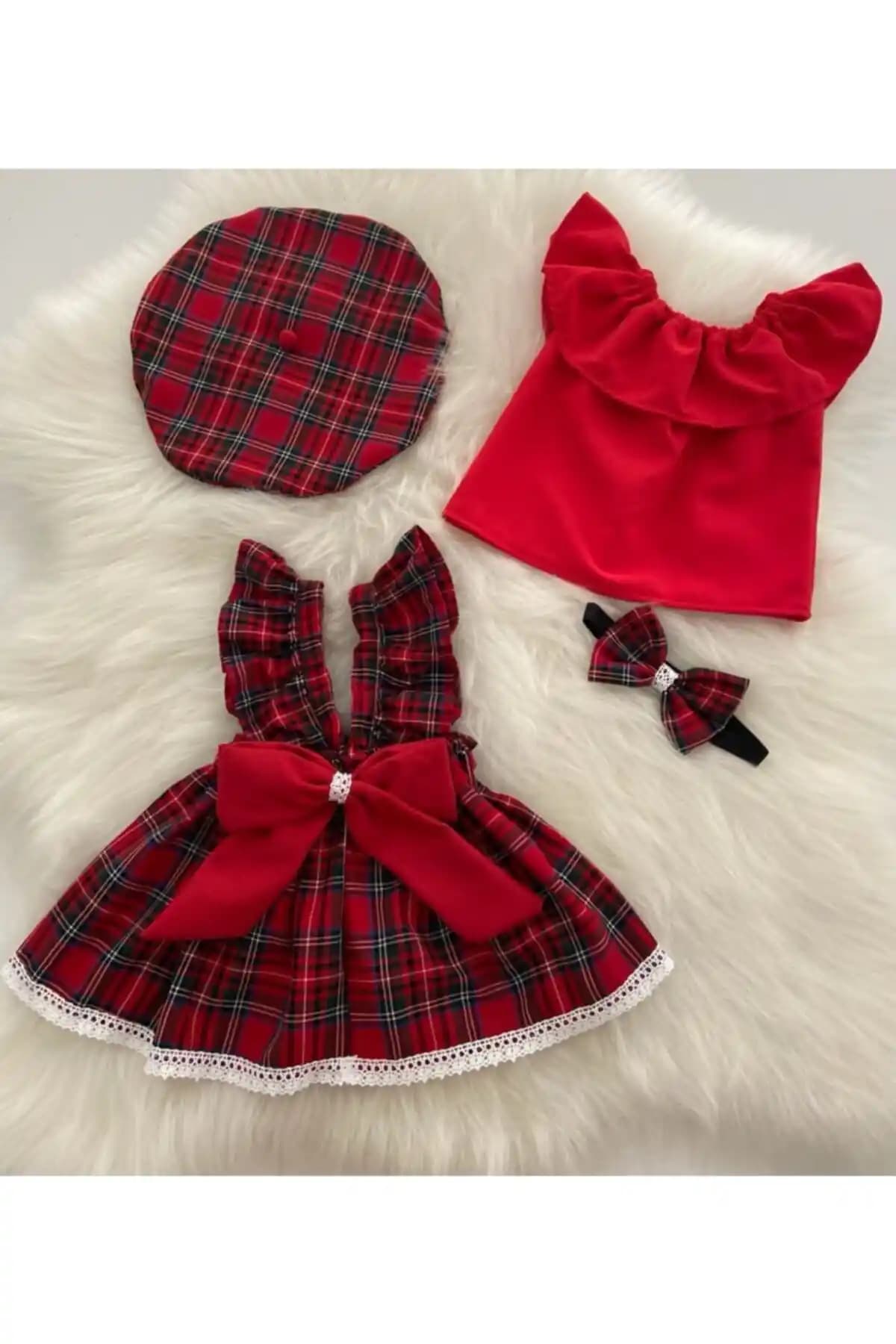 Moda Lina Kırmızı Ekose Şapka Banda Bluz Takımı Çocuklar İçin Şık ve Rahat Günlük Giyim Seçeneği
