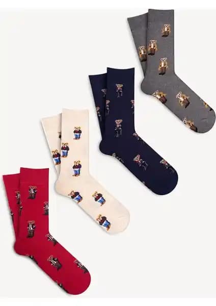 Mono Socks 4'lü Teddy Bear Desenli Çorap Seti Yüksek Pamuk Oranı ve Şık Tasarımıyla Günlük Kullanım İçin