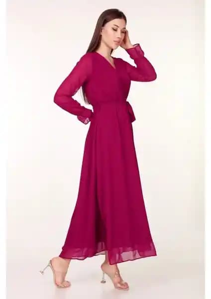 Neşeli Butik Kadın Kruvaze Yaka Bağlama Detaylı Uzun Şifon Elbise Tanıtımı ve Özellikleri