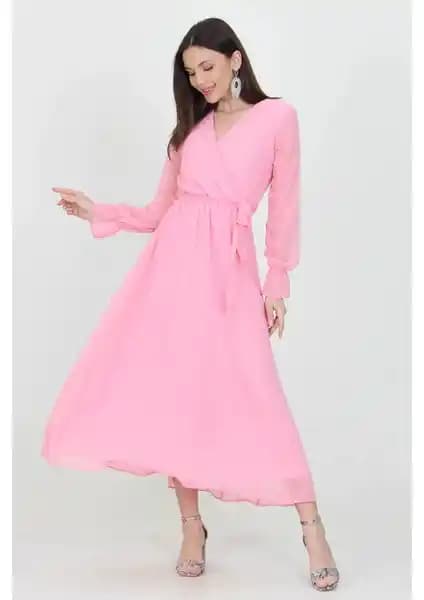 Neşeli Butik Kadın Kuşaklı Pudra Uzun Şifon Elbise - Zarif ve Şık Özel Günler İçin