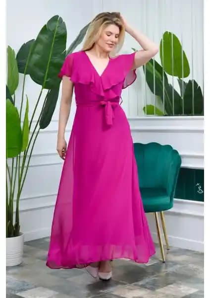 Neşeli Butik Mürdüm Kruvaze Yaka Uzun Şifon Elbise Kadınlar İçin Zarif ve Şık Tasarım