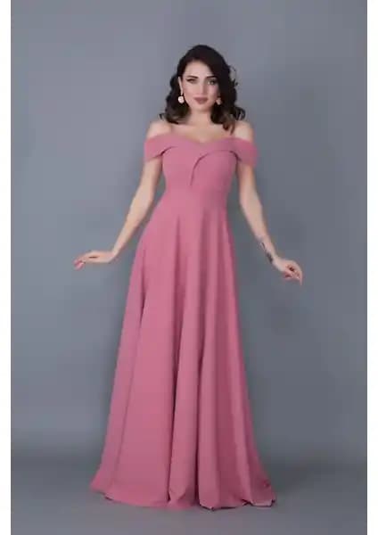 No48 Kayık Yaka Düşük Omuz Detaylı Maxi Boy Gül Kurusu Abiye Elbise