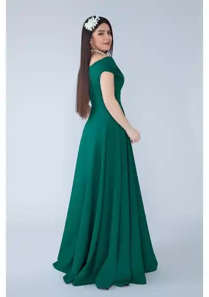 No48 Kayık Yaka Kruvaze Dokuma Maxi Abiye Elbise Kadınlar İçin Şık ve Rahat Giyim Seçeneği