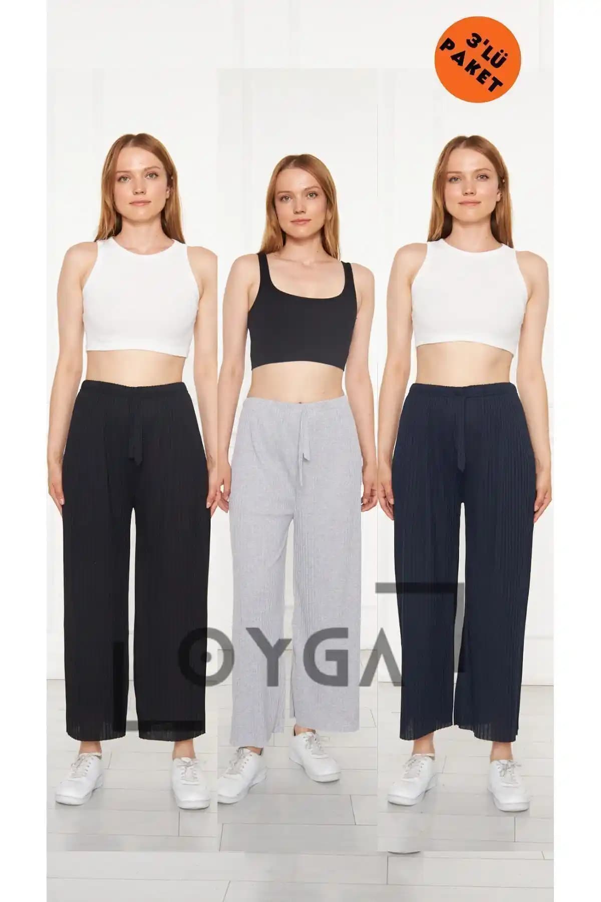 Oyga 3'lü Siyah Gri Lacivert Kadın Fitilli Raporlu Pantolon ve Eşofman Takımı