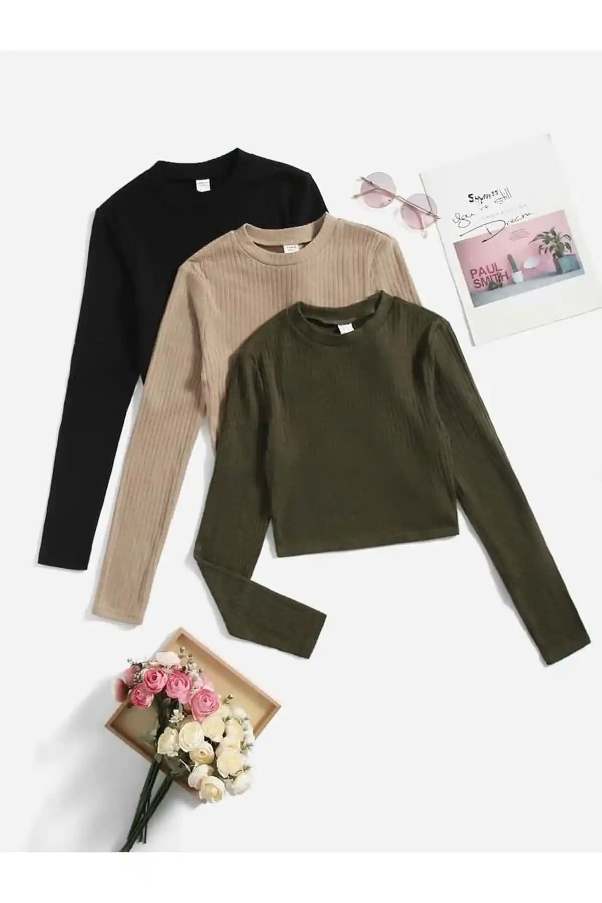 ÖZ PAMUK Kadın 3'lü Fitilli Crop Bluz Modern Tasarım ve Yüksek Kalite ile Günlük Şıklık