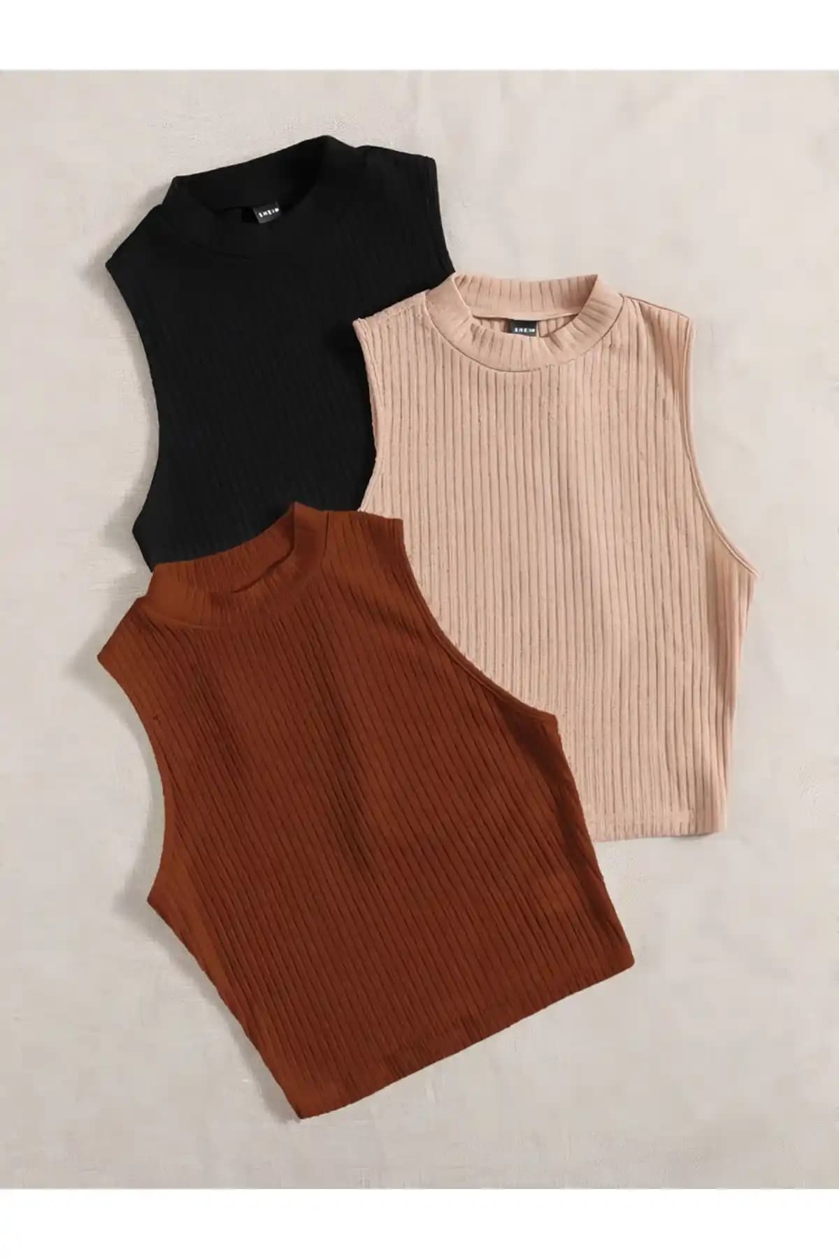 Öz Pamuk Kadın 3'lü Fitilli Pamuklu Kaşkorse Crop Bluz Atlet Seti