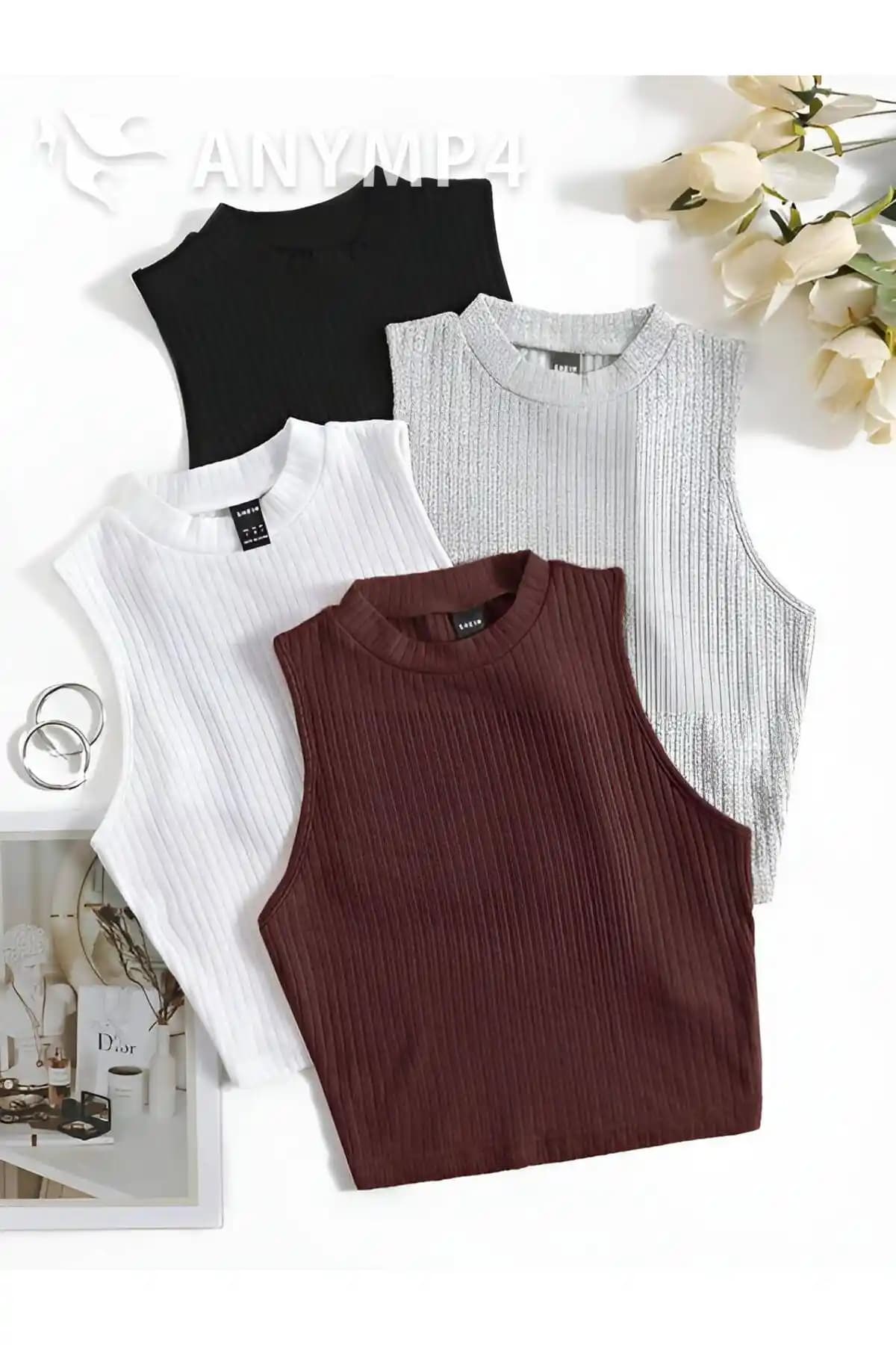 ÖZ PAMUK Kadın 4'lü Fitilli Crop Bluz Atlet Seti Günlük Şıklık ve Rahatlık İçin Uygun