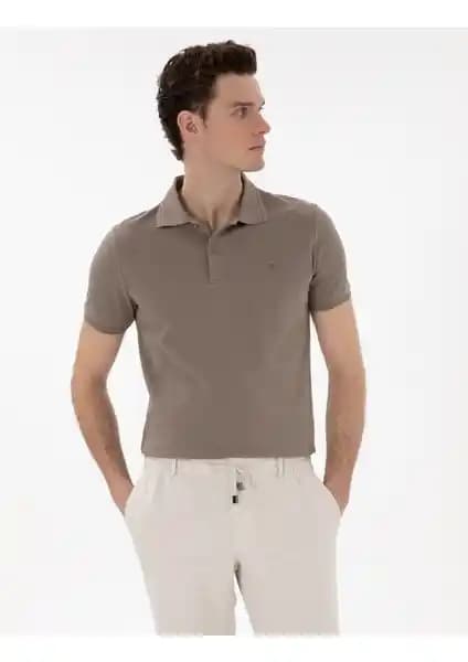 Pierre Cardin Erkek Koyu Vizon Slim Fit %100 Pamuk Polo Yaka Basic Tişört İnce Detaylar ve Günlük Kullanım