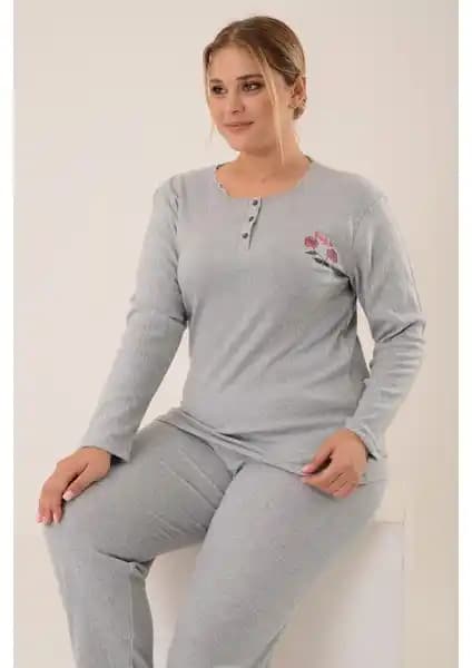 Pinkmark Kadın Büyük Beden Gri Nakış Detaylı Düğmeli Pijama Takımı