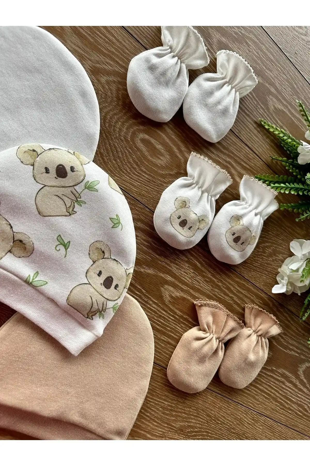 Renkli Puset Organik 6'lı Yenidoğan Bebek Eldiven Şapka Takımı Güvenli ve Şık Bir Seçenek