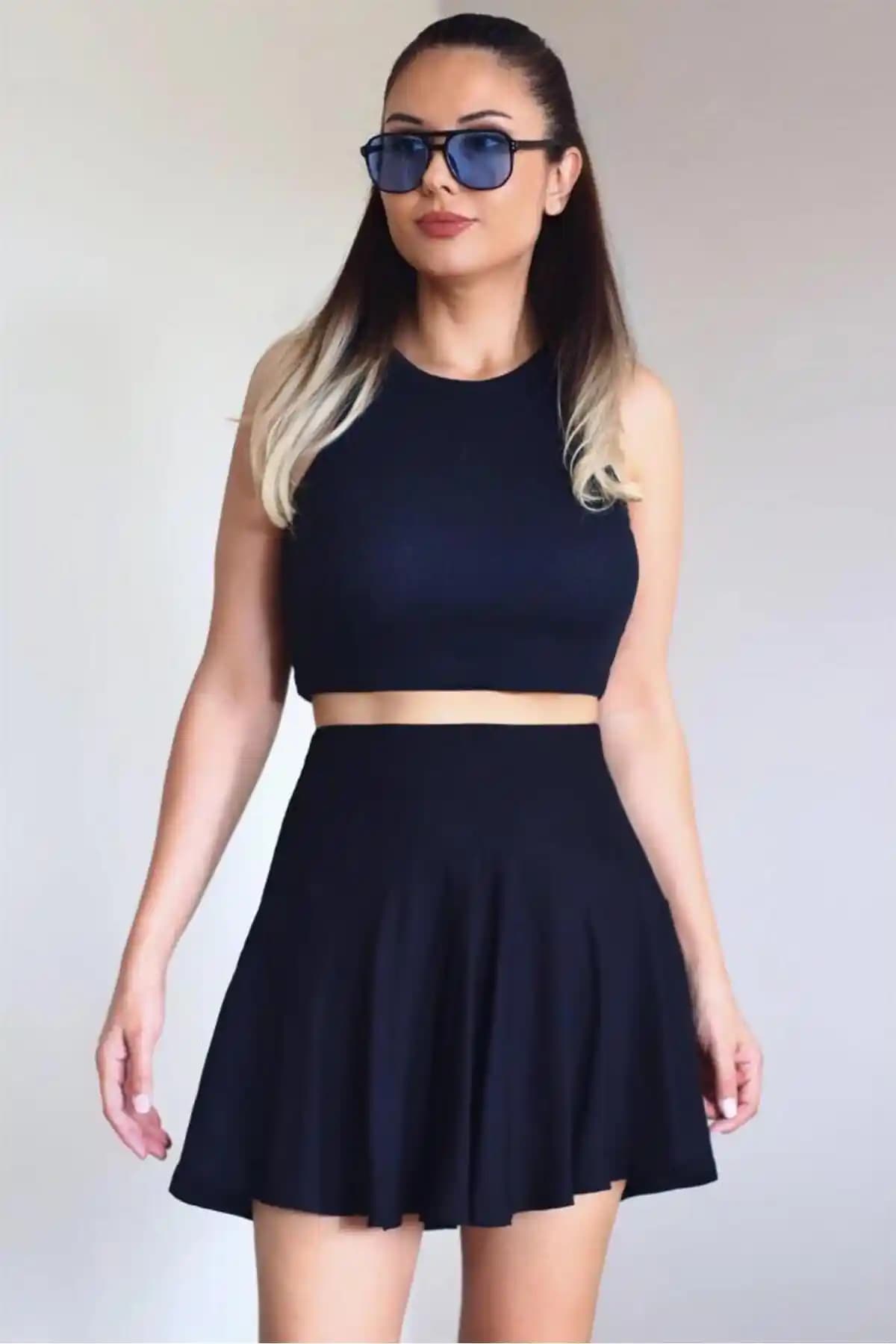 Ritnice Kadın İç Şortlu Siyah Yazlık Bel Lastikli Mini Şort Etek