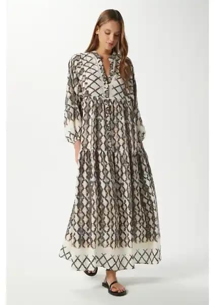 Ritnice Modest Kadın Soft Gri %100 Viskon Maksi Boy Balon Kol Yazlık Elbise