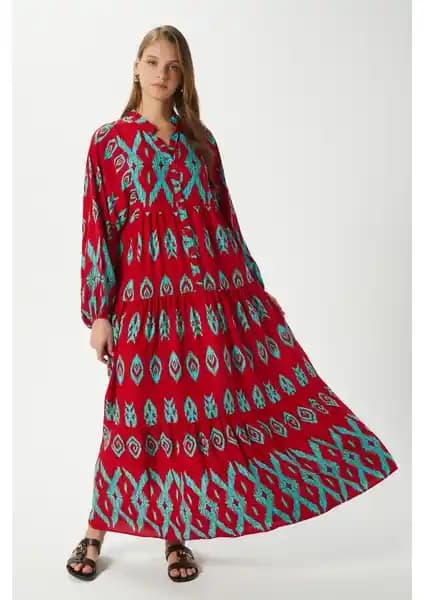Ritnice Modest Megan Kırmızı Turkuaz Maxi Elbise: Şıklık ve Konforun Buluşması