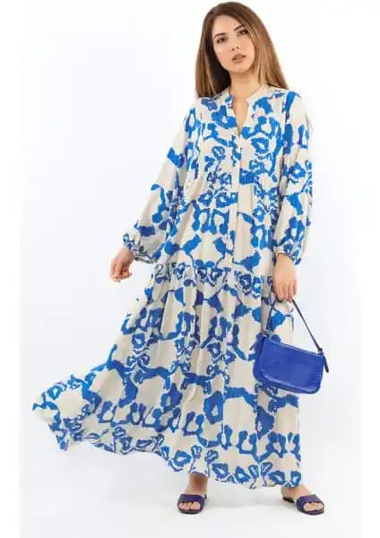 Ritnice Prive Kadın Mavi Viskon Uzun Elbise Günlük ve Özel Davetler İçin Uygun