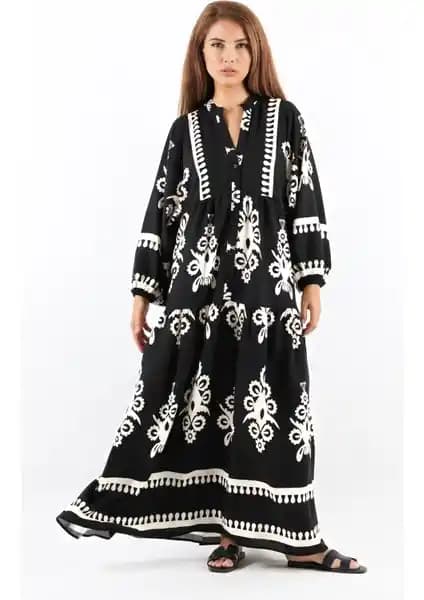 Ritnice Prive Kadın Şal Desen Maksi Viskon Siyah Uzun Elbise Şıklık ve Konforun Buluşması