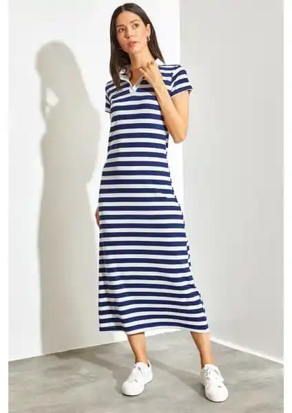 Shade Kadın Polo Yaka Çizgili Uzun Elbise Günlük ve Şık Kullanım İçin Uygun