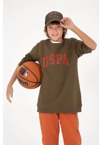 U.S. Polo Assn. Erkek Çocuk Haki Bisiklet Yaka Sweatshirt Günlük ve Spor Kullanım İçin