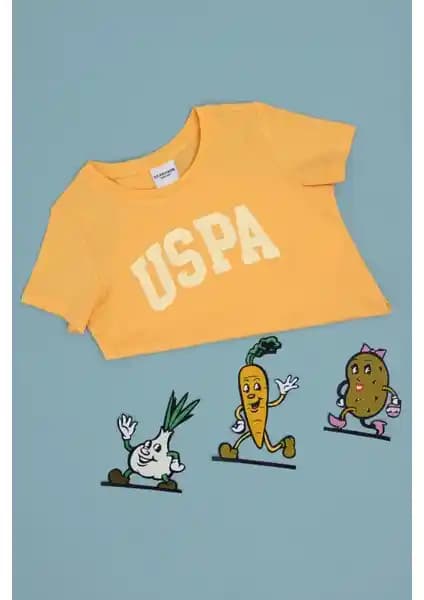 U.S. Polo Assn. Kız Çocuklar İçin Turuncu Pamuklu Bisiklet Yaka Tişörtü Günlük Kullanım İçin