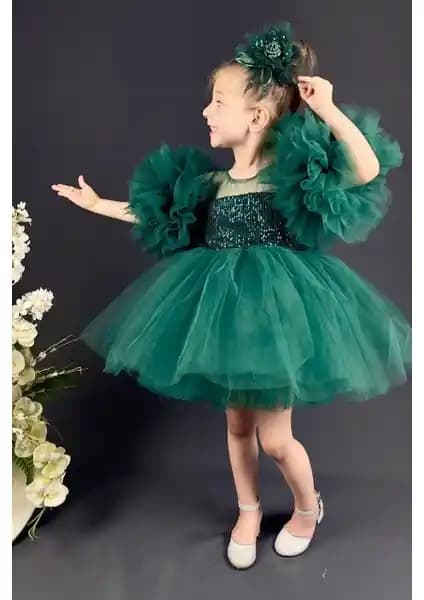 Yeşil Pullu Kol Detaylı Çocuk Abiyesi: Şık ve Rahat Özel Günler İçin