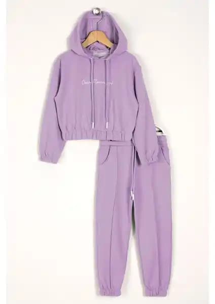 Zepkids Kapüşonlu Uzun Kol Daısy Flowrs Leaf Baskılı Lila Kız Çocuk Takımı