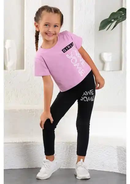 Zepkids Kız Çocuk Awesome Baskılı Taytlı Takım Renkli ve Rahat Günlük Kullanım İçin