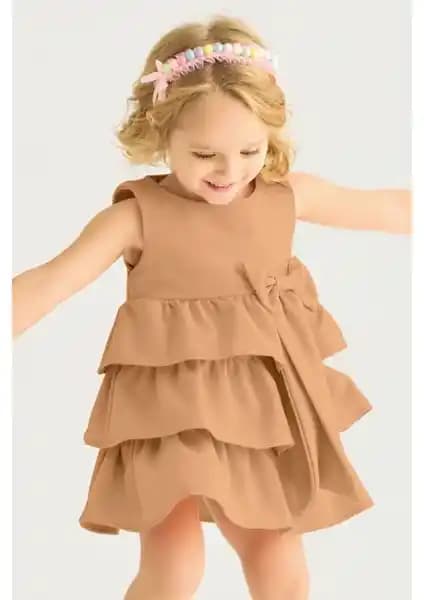 Zepkids Kız Çocuk Kahverengi Kurdale Detaylı Fırfırlı Elbise Günlük Kullanım İçin