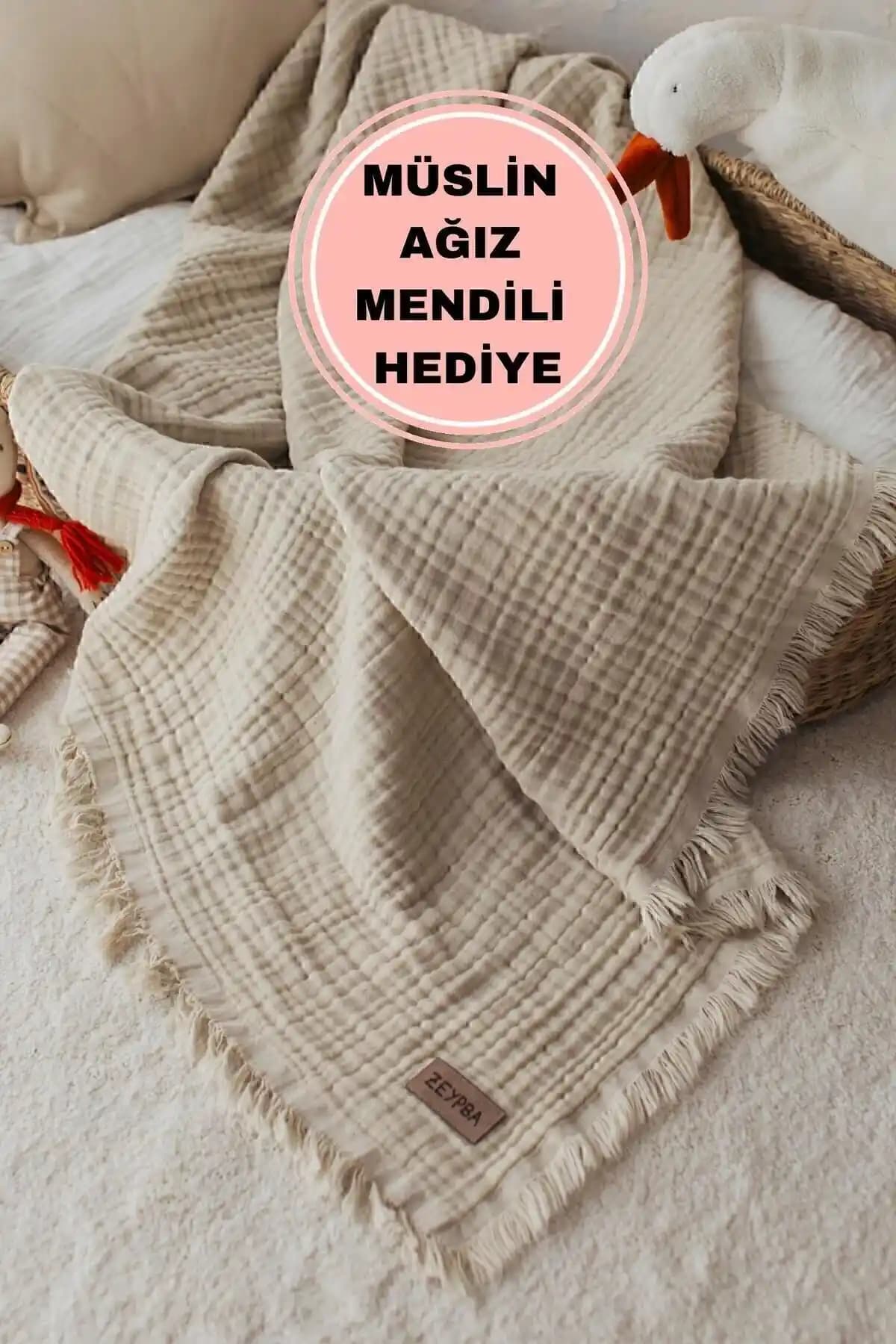ZEYPBA Bej Müslin %100 Organik Pamuklu Çok Katmanlı Bebek Battaniyesi 110x110 cm