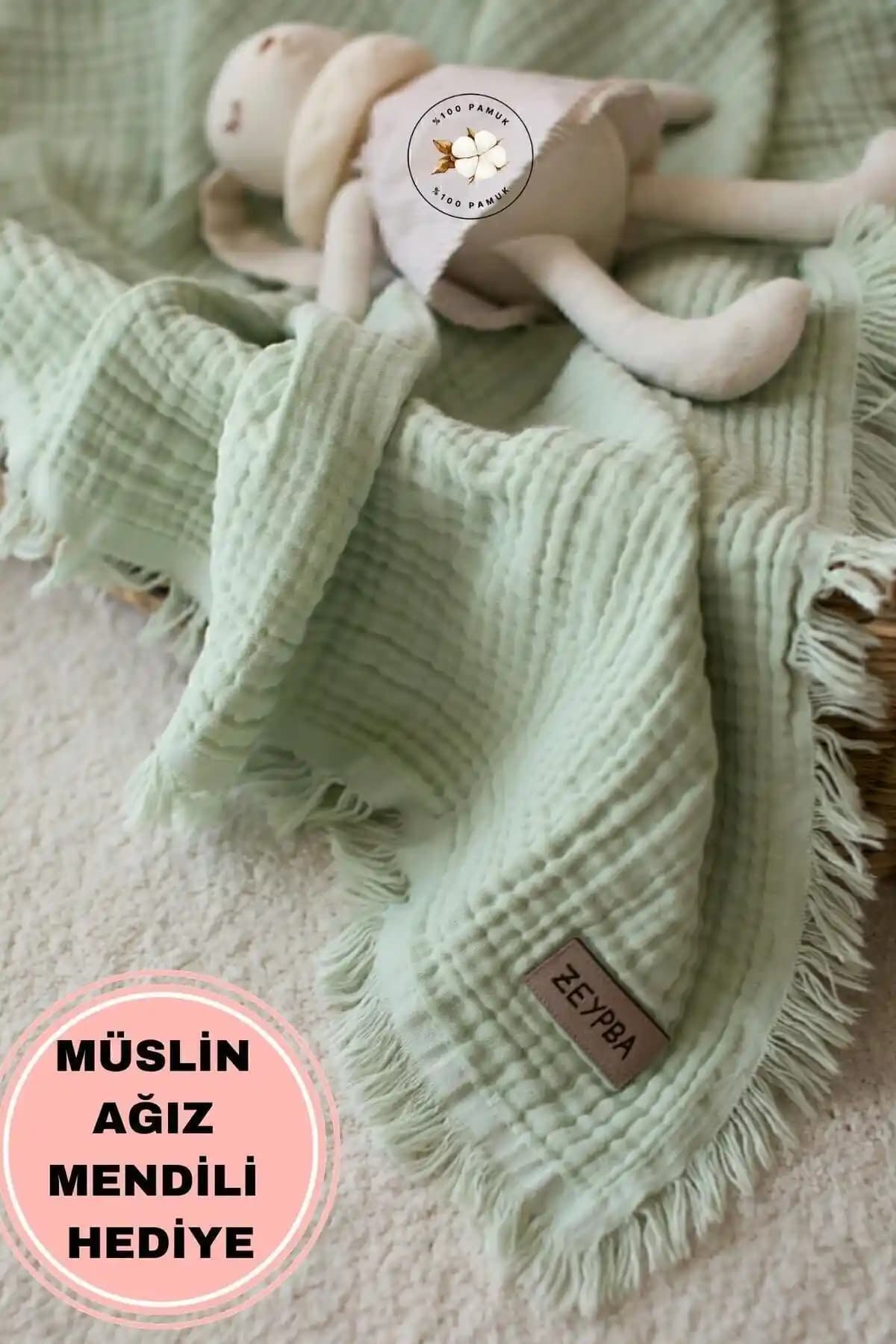 ZEYPBA Su Yeşil Müslin Bebek Battaniyesi 4 Katlı Doğal ve Sürdürülebilir Malzemelerle
