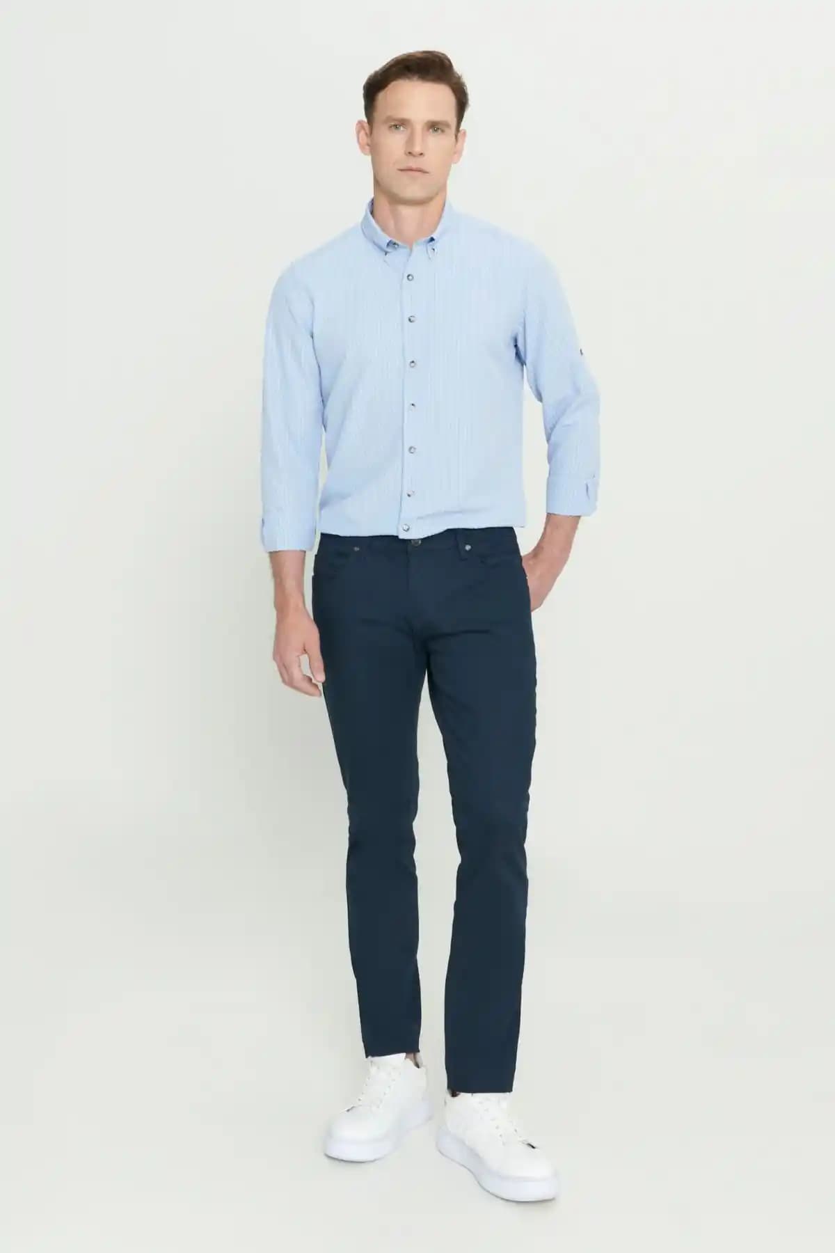 Altınyıl<dı>z Classics Erkek Lacivert Slim Fit Esnek Diyagonal Desenli Pantolon