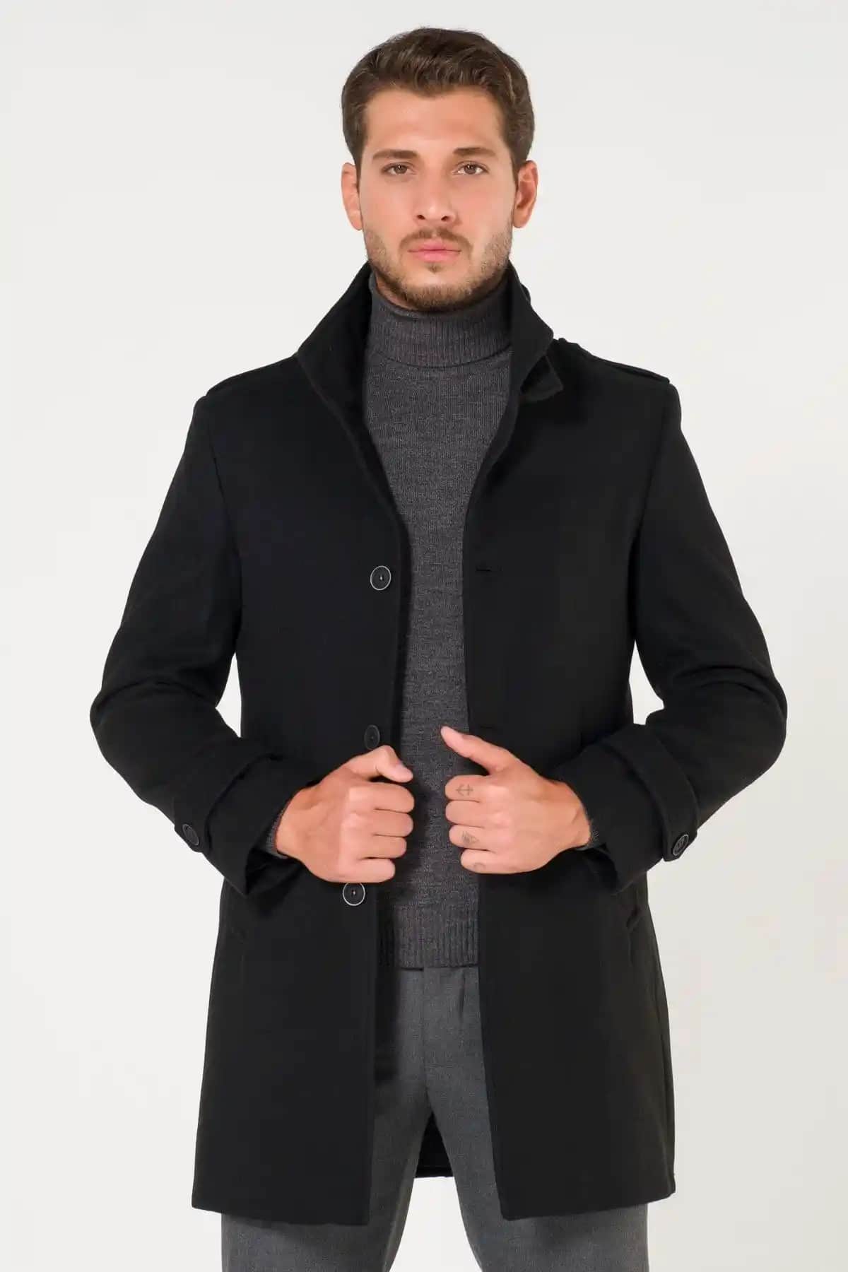 AtakGiyim Erkek Siyah Dik Kemerli Yaka Kaşe Ezel Kabanı Modern ve Dayanıklı Tasarım