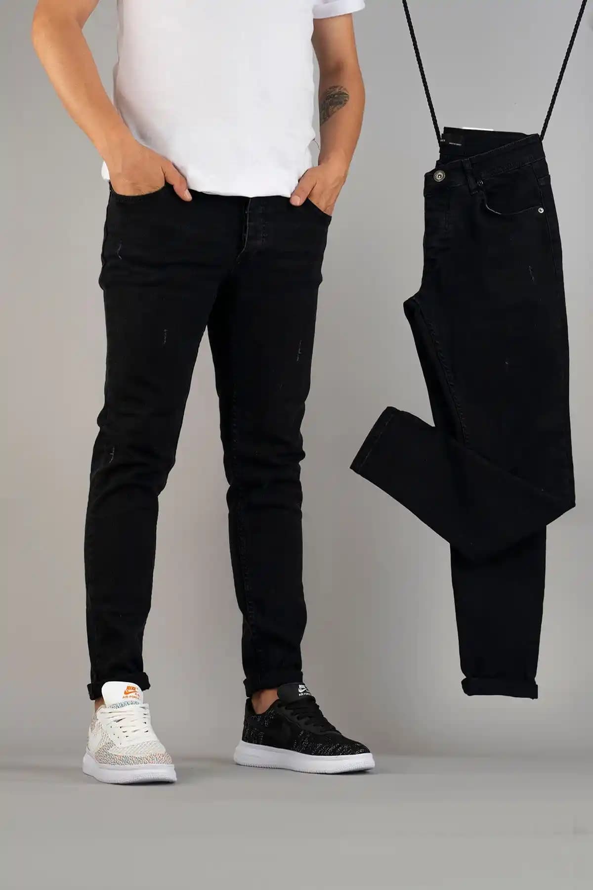 Bombe Erkek Slim Fit Likralı Tırnaklı Kot Pantolon Siyah Modern ve Rahat Tasarım