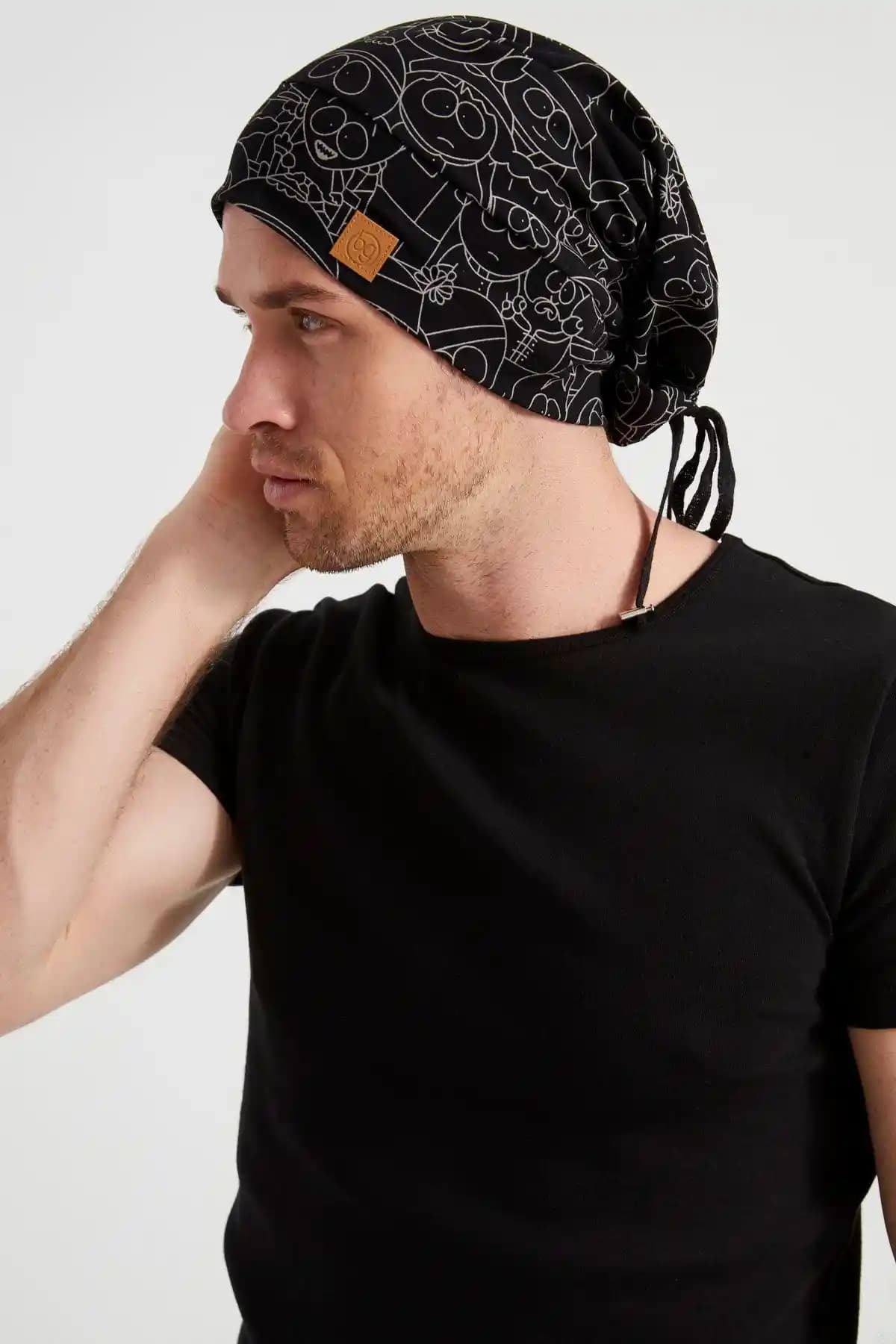 Butikgiz Erkek Siyah Beyaz Desenli Ip Detaylı 4 Mevsim Kullanım Şapka Bere Buff