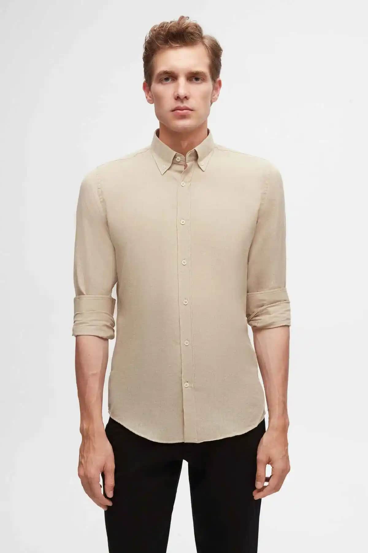 D'S Damat Slim Fit Bej Düğmeli Yaka Yazlık Keten Görünümlü Gömlek