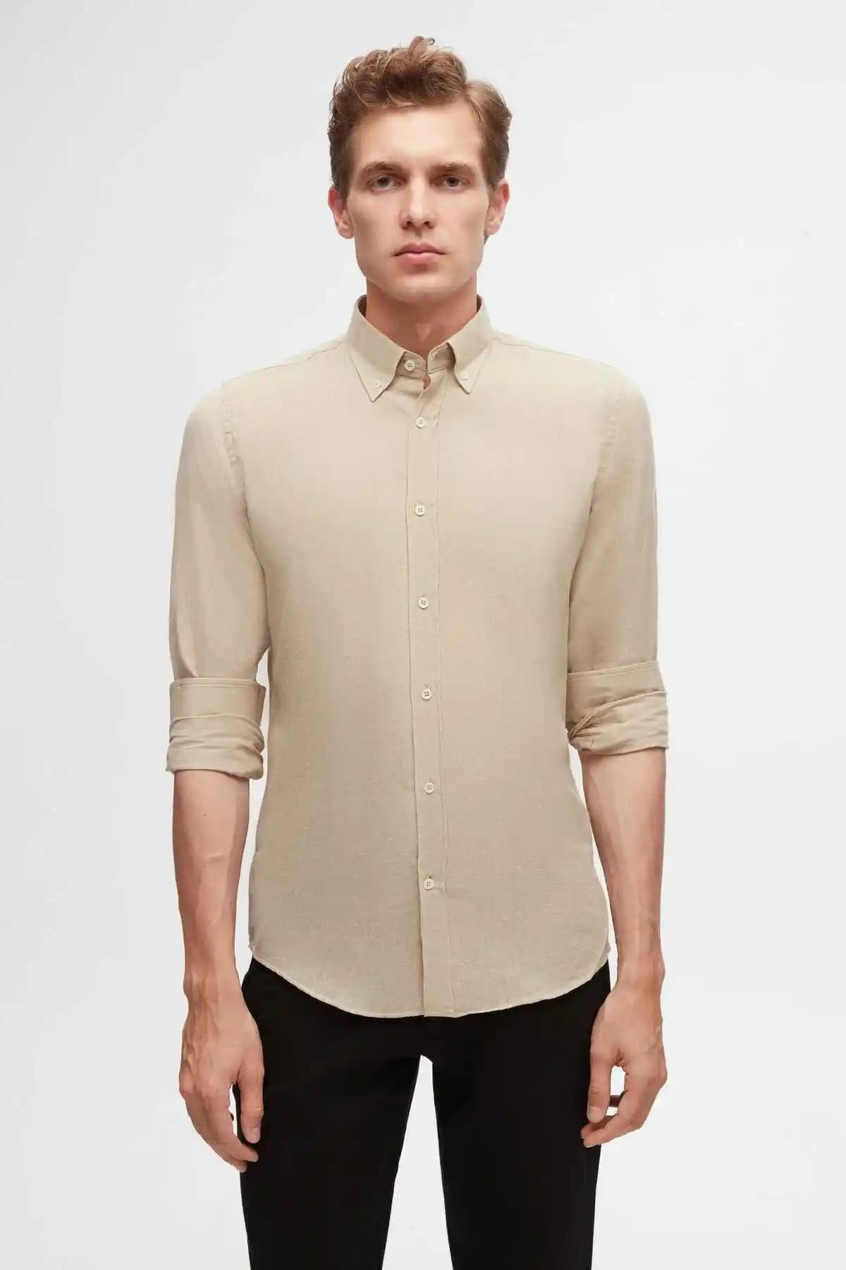 D'S Damat Slim Fit Bej Düğmeli Yaka Yazlık Keten Görünümlü Gömlek