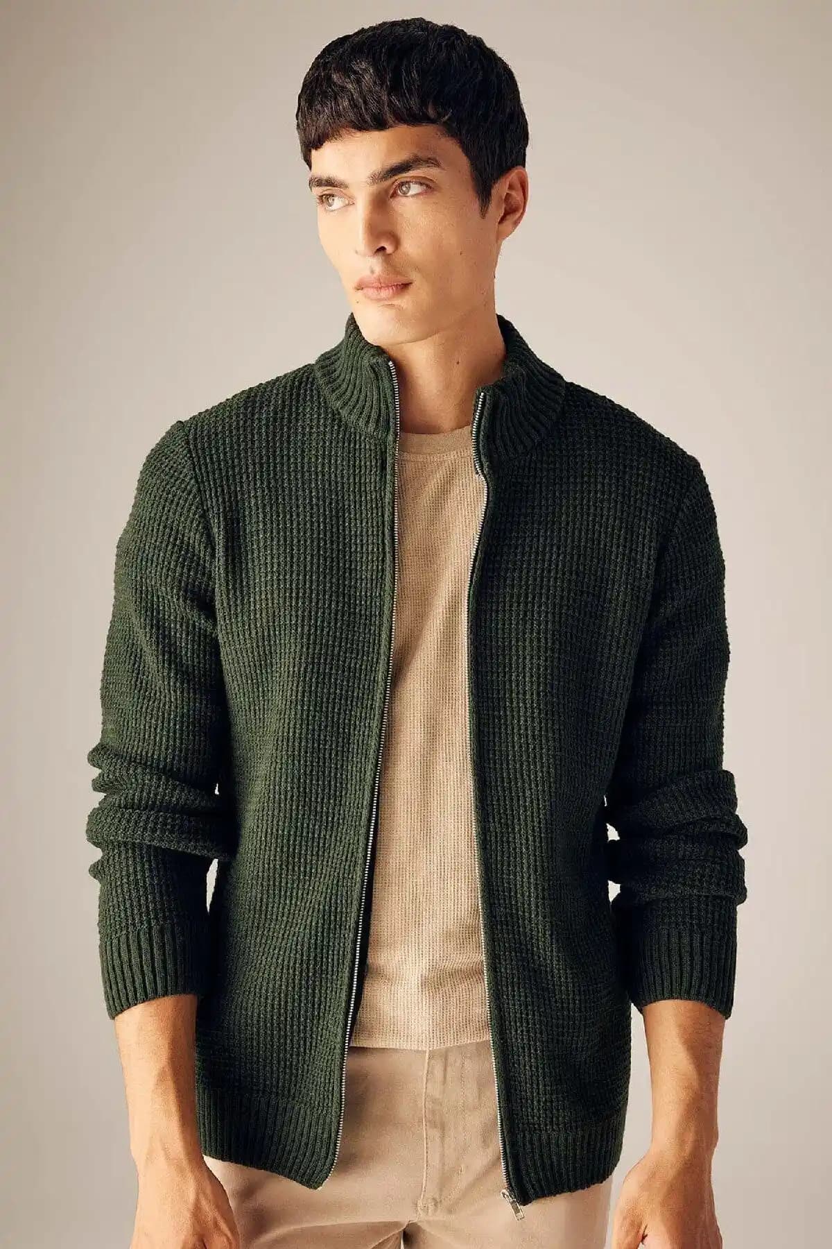 DeFacto Standart Fit Yeşil Fermuarlı Yarım Balıkçı Yaka Triko Hırka - Kadın Kış Modası