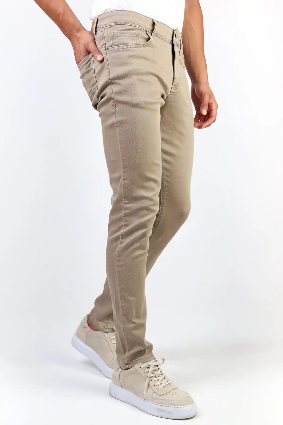 Erkek Bej Slim Fit Likralı Esnek Jean Pantolon Modern ve Rahat Tasarım