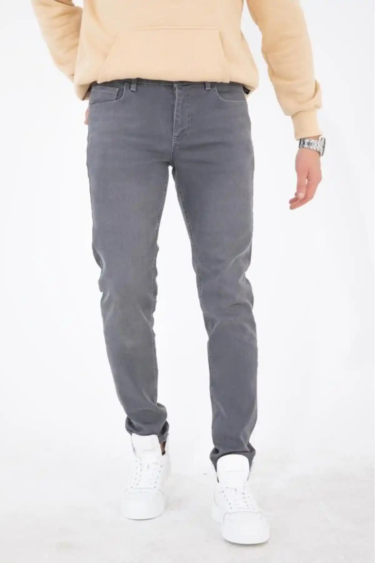 Erkek Gri Slim Fit Taşlamalı Likralı Jean Pantolon - Modern ve Rahat Tasarım