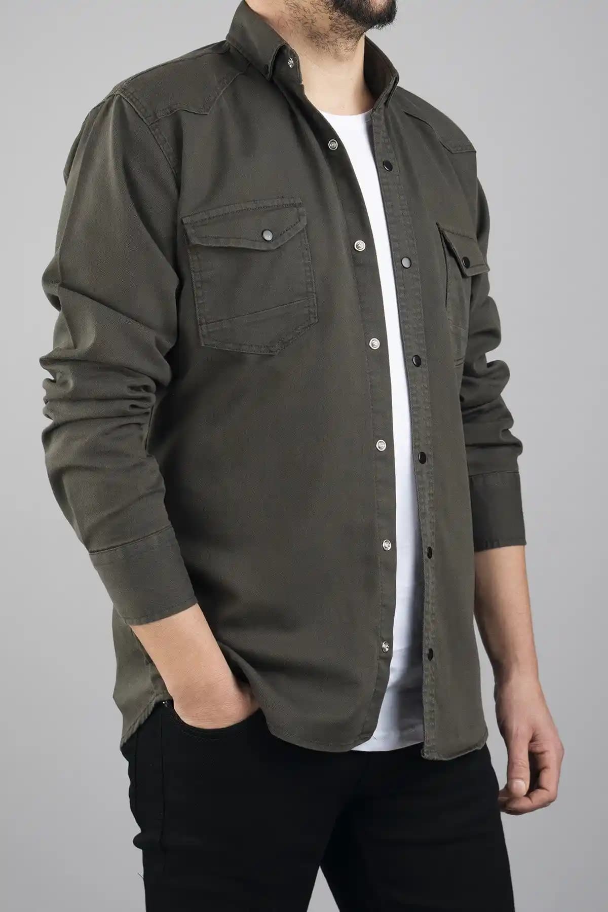 Erkek Slim Fit Haki Kot Gömlek Modern ve Şık Tasarımıyla Günlük Kullanım İçin Uygun