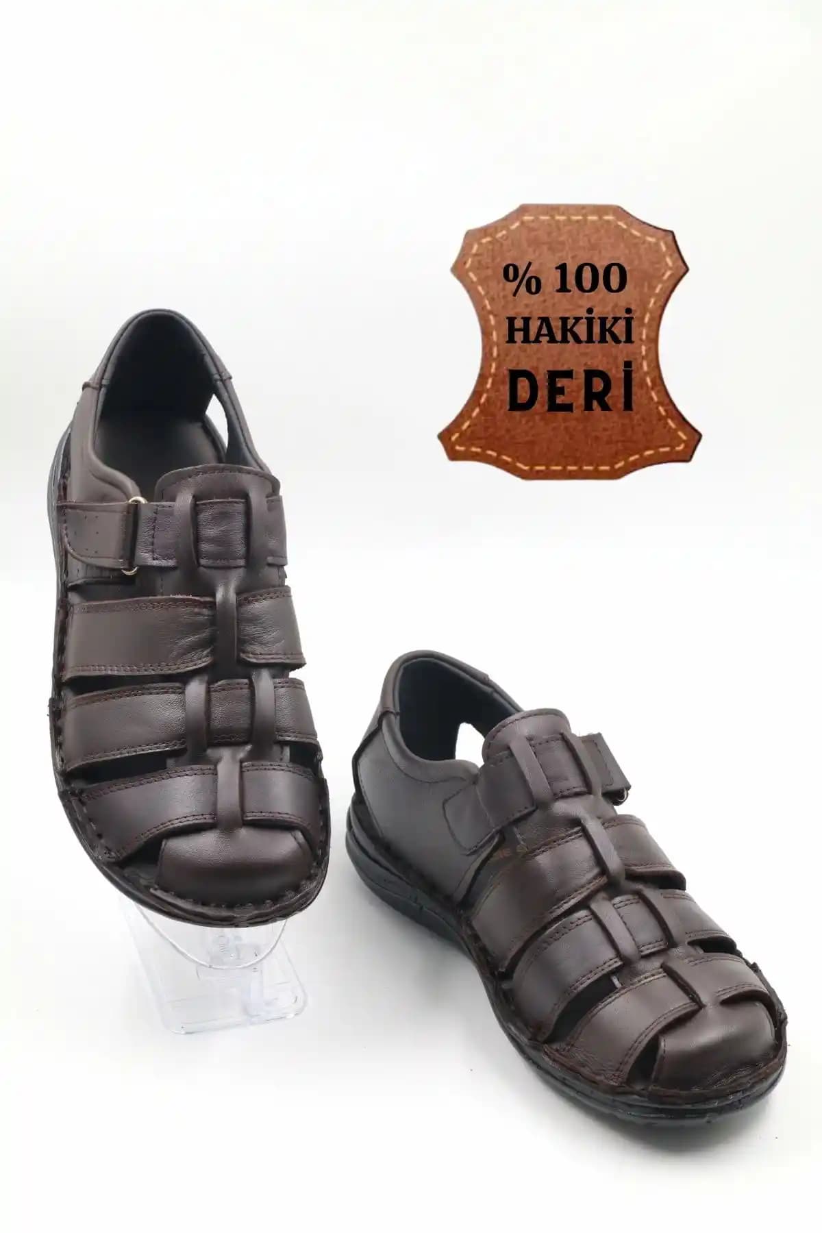 Erkekler İçin Hakiki Deri Kahverengi Sandalet Günlük ve Şık Kullanım İçin Uygun
