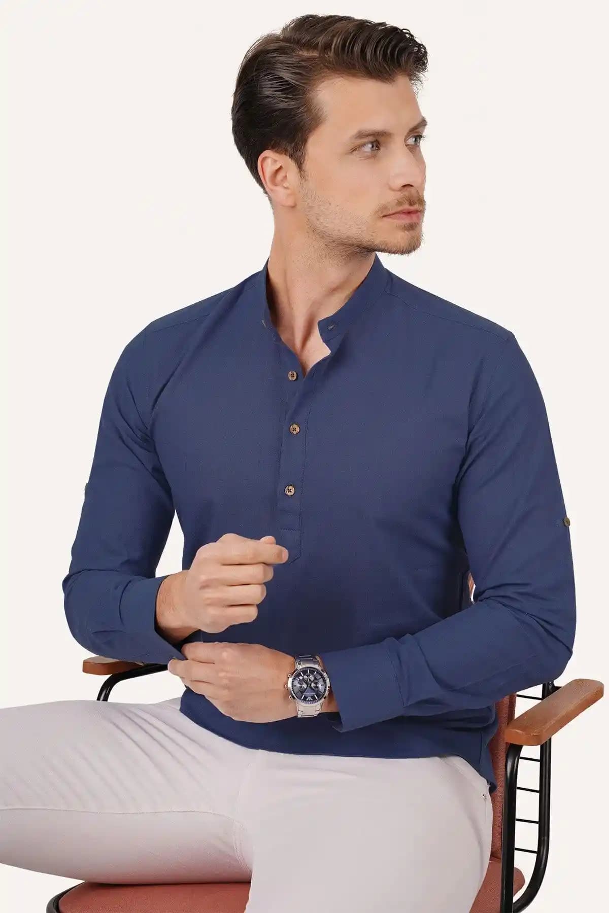 Etikmen Indigo Hakim Yaka Üç Düğmeli Slimfit Keten Gömlek: Günlük ve Ofis Şıklığı İçin Uygun