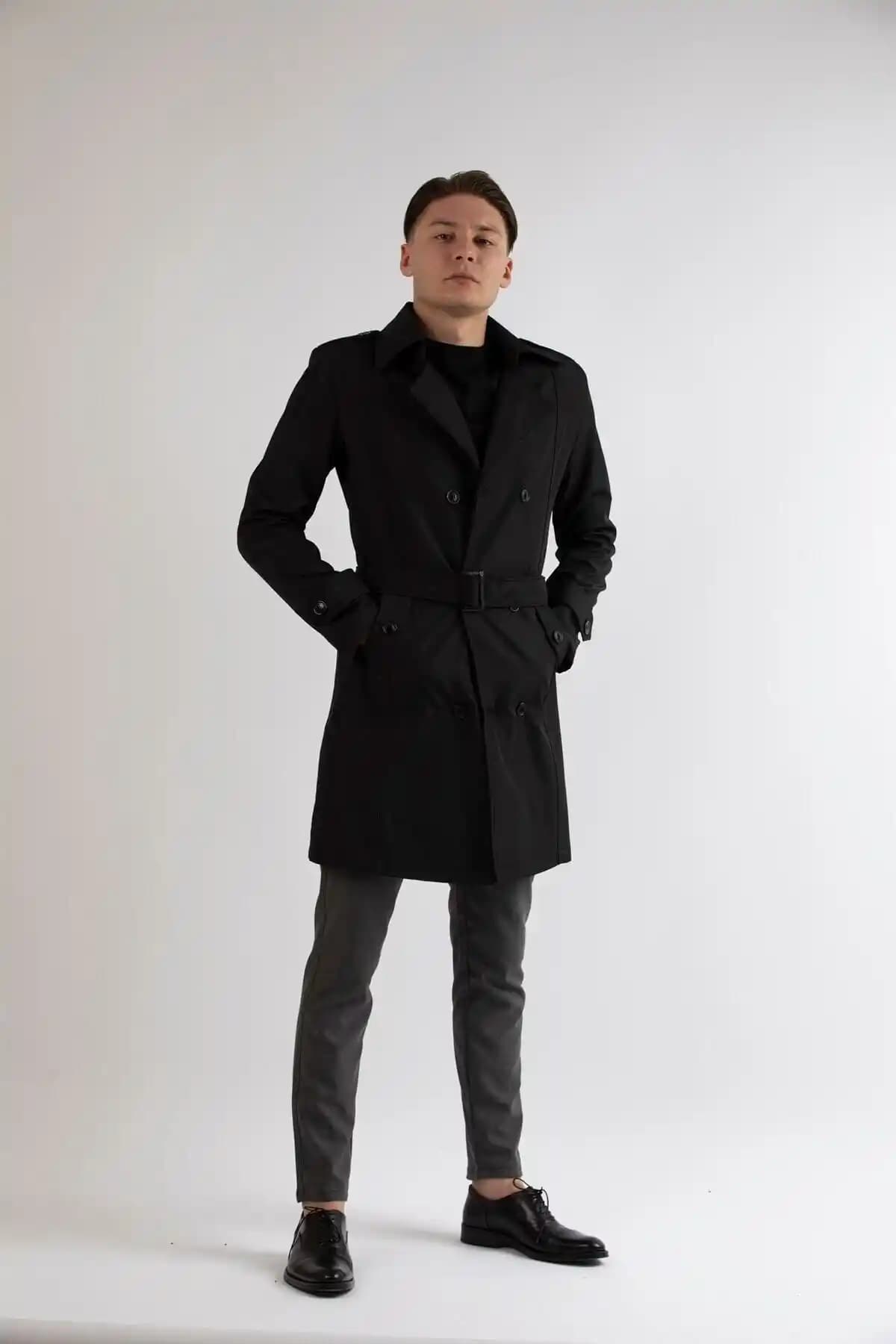 MASERTO Slim Fit Erkek Siyah Trençkot Modern ve Şık Klasik Tarzın Buluşması